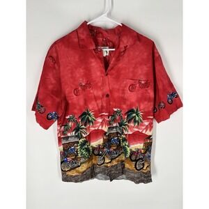 Ky's Mens Vintage Hawaiian Shirt Size Large Motorcycle Tropical Patriotic USA
